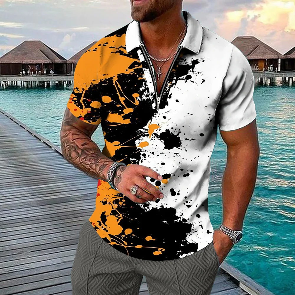 

Men's Polo Shirts 3d Graffiti Printed Man Zipper Shirt Oversized Male Short Sleeve Tshirts Everyday Casual Lapel Button Clothing