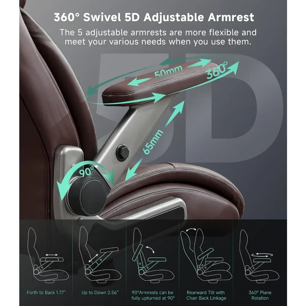 Big and Tall Office Chair with 5D Flip Arms, 600LBS PU Leather Executive Chair, Adjustable Lumbar Support 3'' Double Space Wheel 3