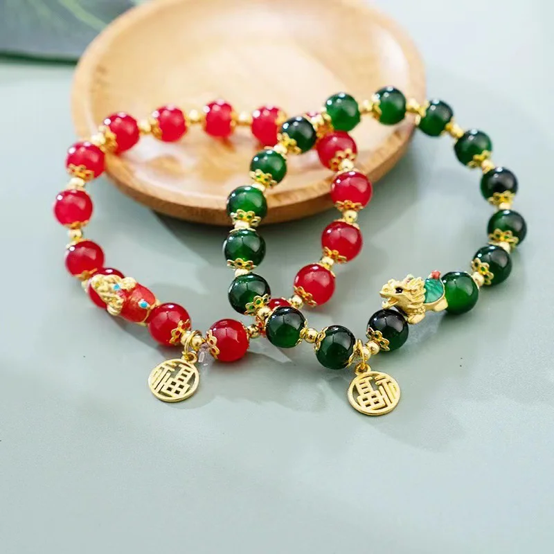 Fashion Mini Dragon Pendant Fu Brand Bracciale Red Green Agate Luck Fu Jewelry Bracciale Gift