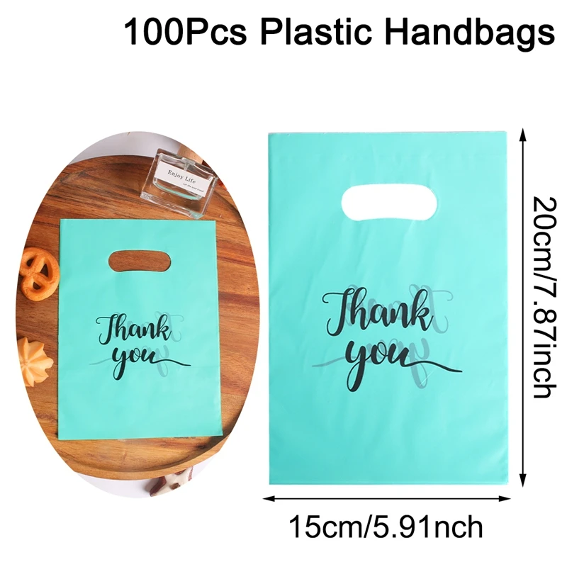 100 Stück 15 x 20 cm Dankeschön-Geschenktüten für Hochzeit, Geburtstag, Gäste, Geschenkpapier, Kunststoff-Shop-Taschen, kleine Unternehmen, Süßigkeiten, Gebäck, Geschäft, Verpackung – Detail 7