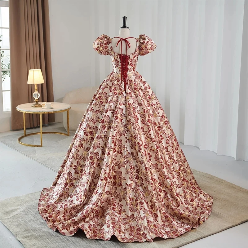 Evening Dress Red Embroidery Satin Floor Length Short Sleeves Square Collar Lace Up Plus Size Women Party Dresses Customized