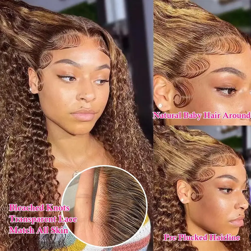 4/27 Highlight Lace Front Wigs Human Hair Pre Plucked Bleached Knots 200%Density 13x4 HD Ombre Honey Blonde Deep Wave Human Hair
