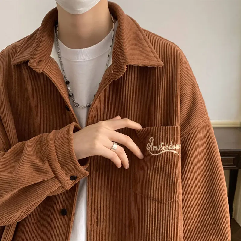 Vintage Corduroy Loose Men's Casual Polo Shirt - Autumn Winter Fashion with Letter Embroidery