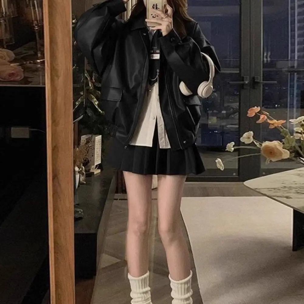 Sweet Pleated Leather Jacket Women Korean Chic Outerwear Vintage PU Coats Lapel Collar Retro Windbreaker Jackets Y2k Women