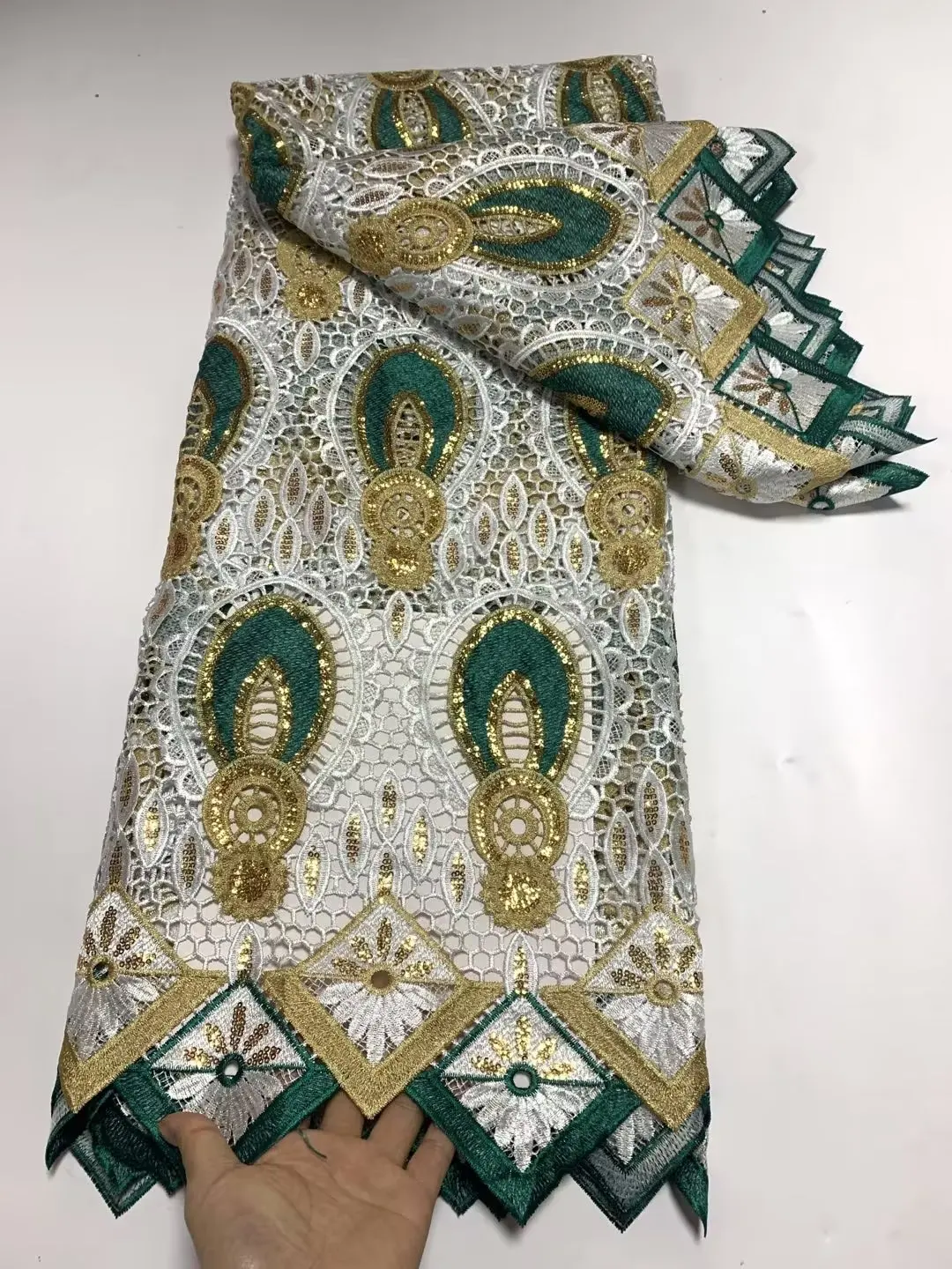 

New Gold White Green Sequence Lace Fabric 2023 African French Embroidery Sequins Water Soluble Lace Fabric 5 Yards For Sewing DF