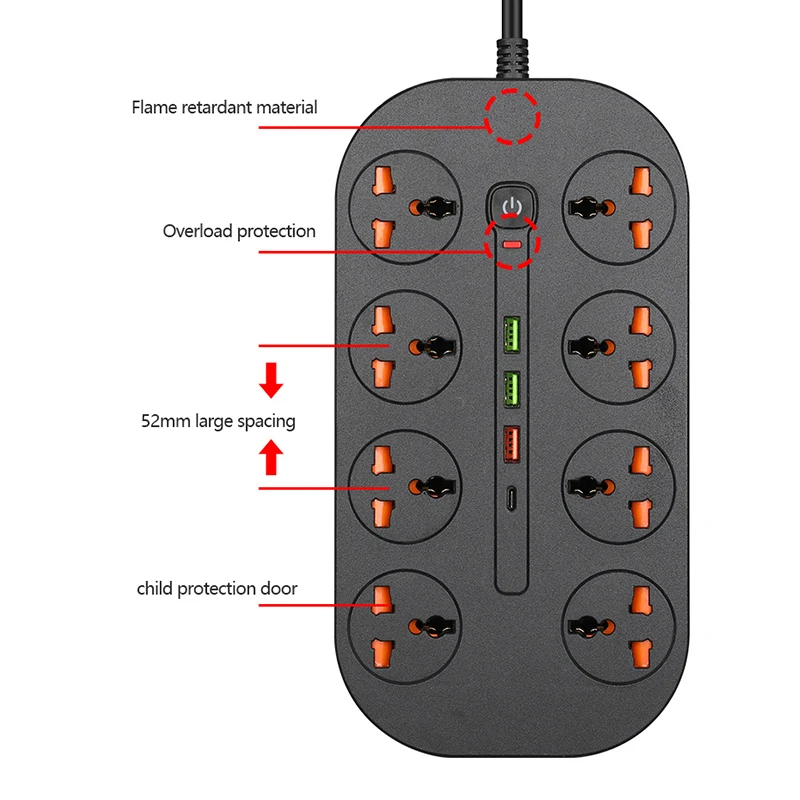 Universal Power Strip with Surge Protection, USB and Type-C Ports, and 8 Outlets