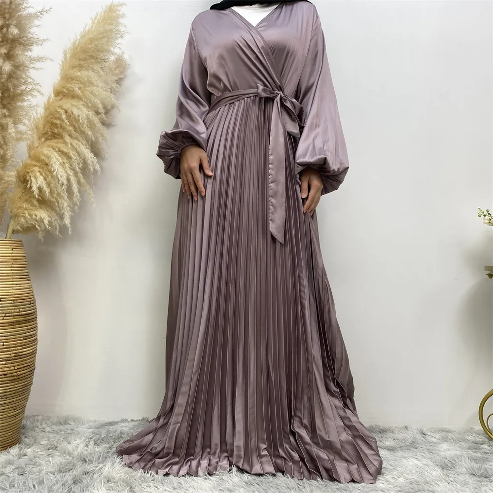 

Satin Pleated Muslim Maxi Dress Abaya Dubai Islamic Clothing Caftan Saudi Arabic Turkish Abayas Party Gown Ramadan Abayas Robe