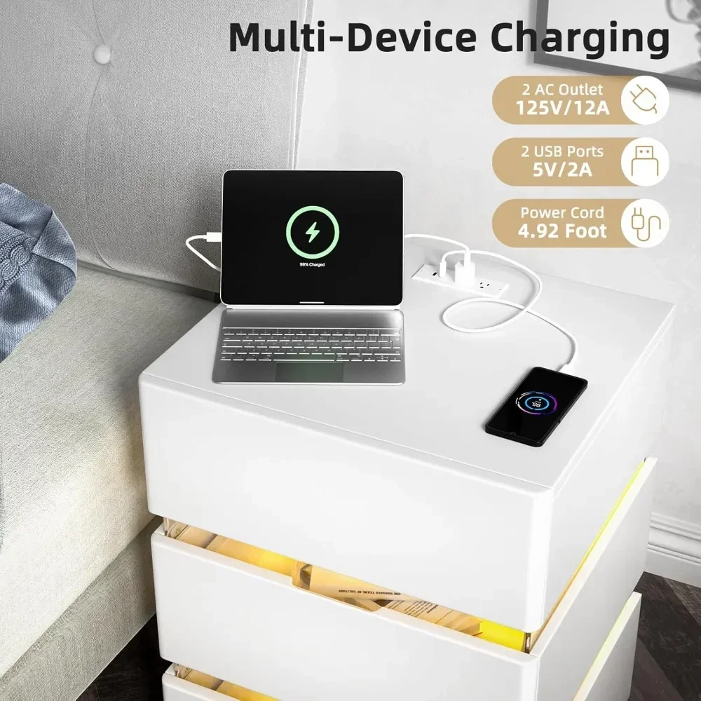 LED Nightstand Set of 2, Led Nightstand with Charging Station 3 Drawer Nightstand Smart Nightstand, Acrylic Nightstands Bedroom 3