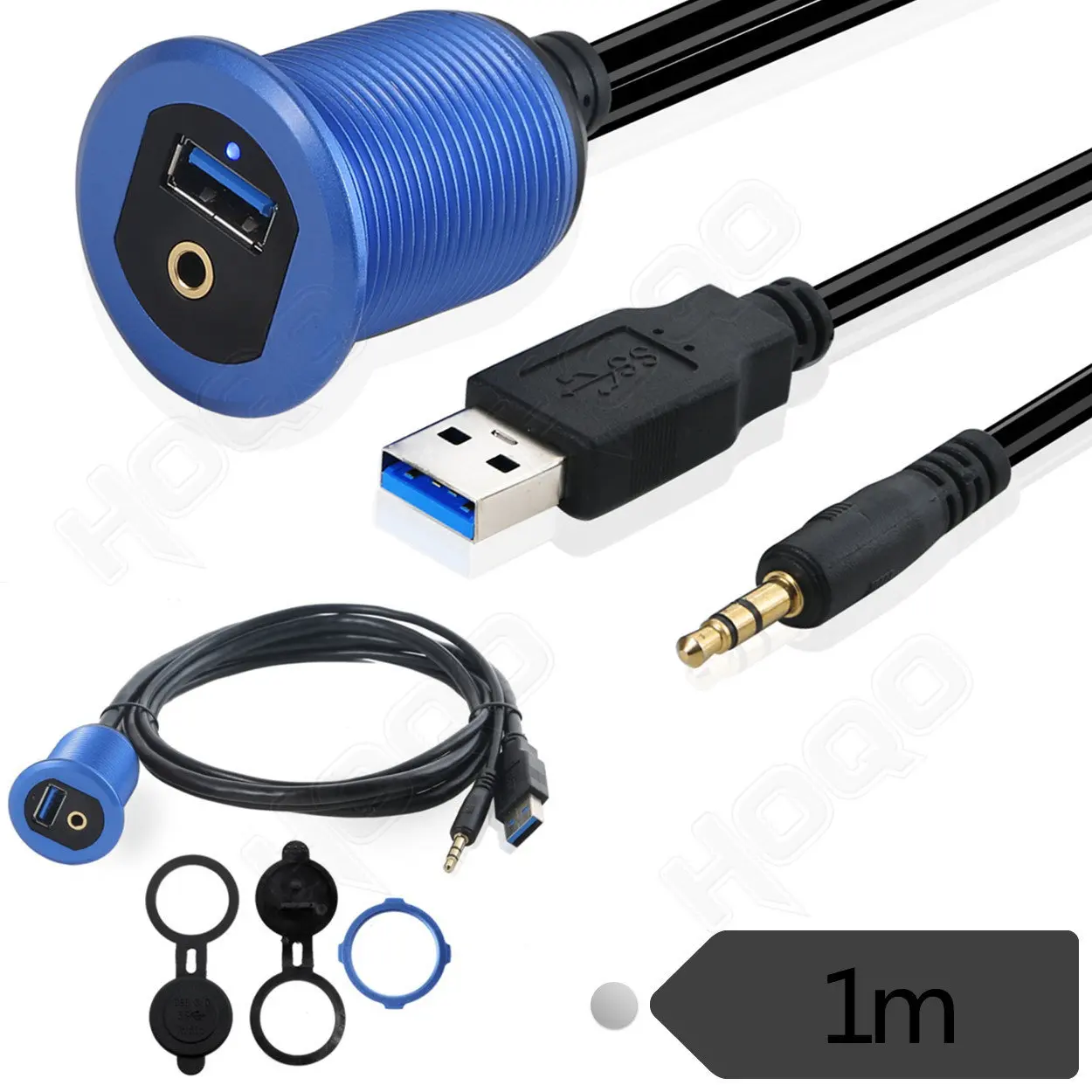 

Metal shell car motorcycle dashboard cable with LED indicator USB3.0 audio waterproof cable USB+DC3.5