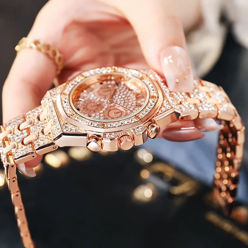 Stainless Steel Strap Watch Stylish Women's Rhinestone Inlaid Stainless Steel Quartz Watch Colorful Dial Decorative for Ladies