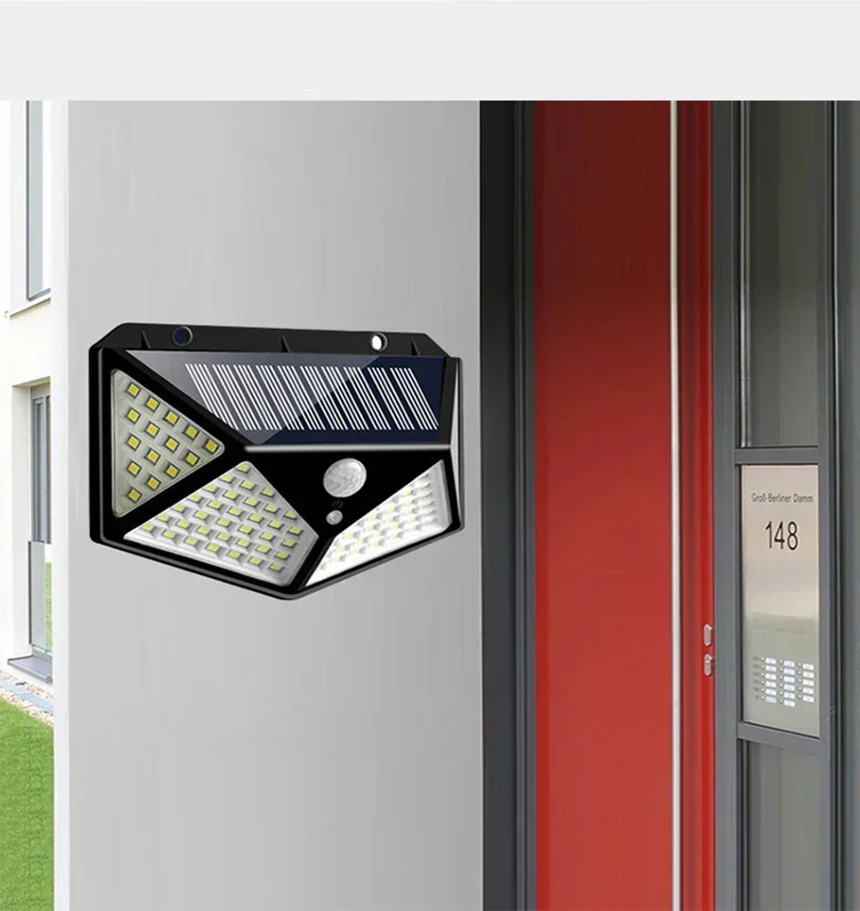 Solarbetriebene 100 LED Bewegungssensor-Wandleuchte, Wasserdichte Außensicherheitslampe für Garten, Zaun, Hof, Wegdekoration – Detail 7