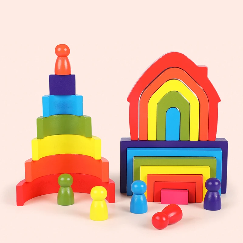 Wooden Rainbow Stacking Toys Montessori Toys Creative Baby Cognition Square/Arched Geometric Building Blocks Kids Puzzle Games 4