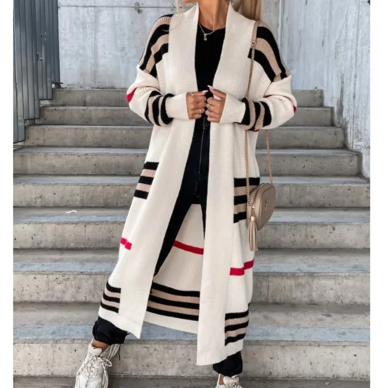 

2024 Spring Knitted Cardigan Women Striped Patchwork Autumn Winter Elegant Long Outerwear Maxi Sweater Coat Soft Jacket