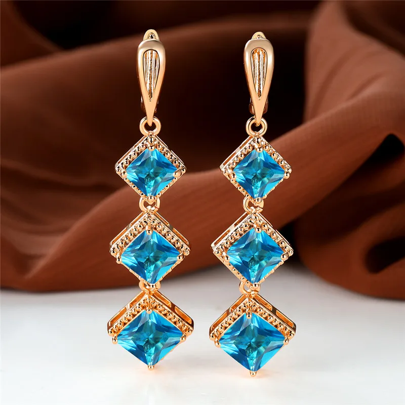 Elegant Rose Gold Birthstone Dangle Earrings with Blue Zircon Stone