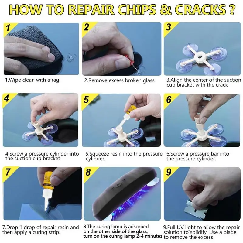 Windshield Crack Repair Kit With Suction Cup UV Lamp Car Glass Crack Repair Liquid Quick Repair Kit For Chips Star-Shaped Cracks 4