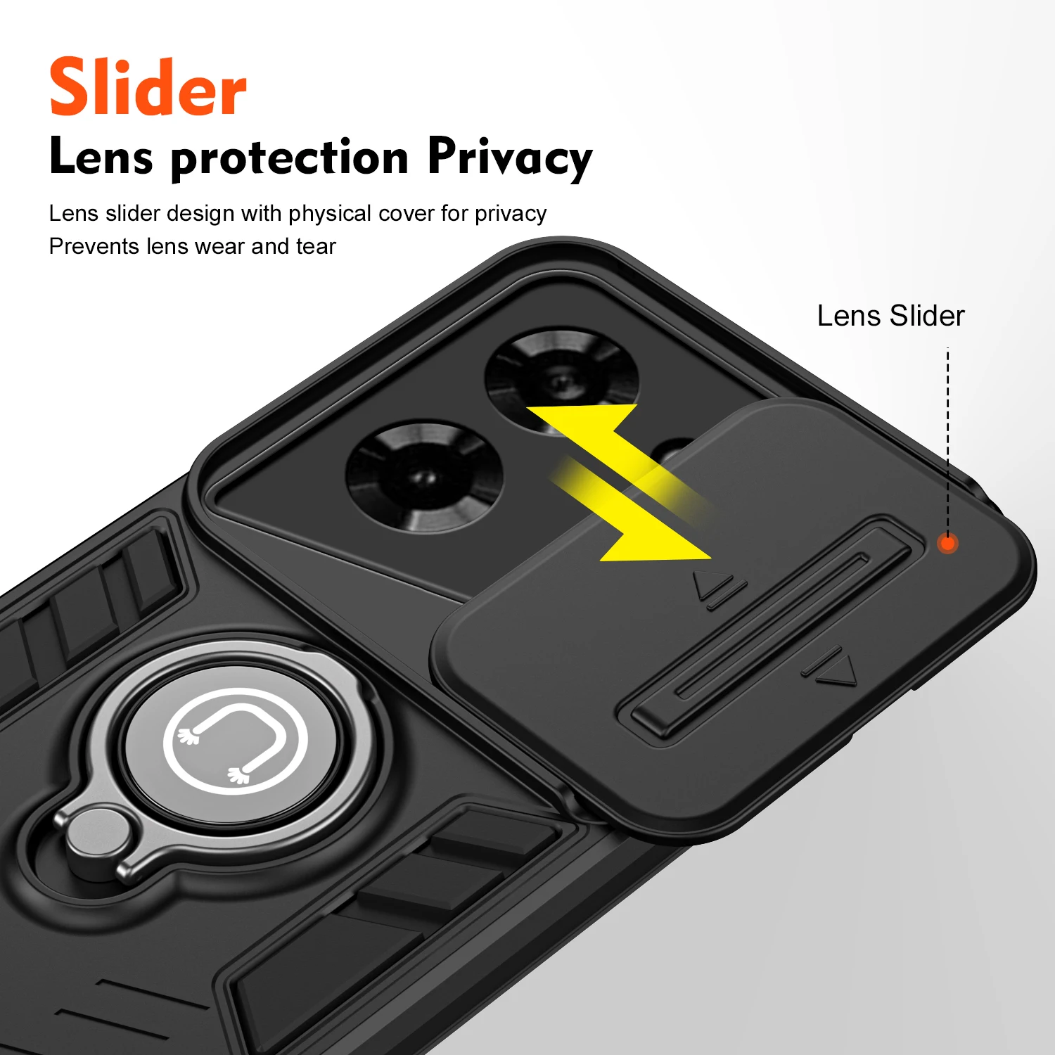 Rugged Armor Shockproof Phone Case with Sliding Window and Metal Ring Holder