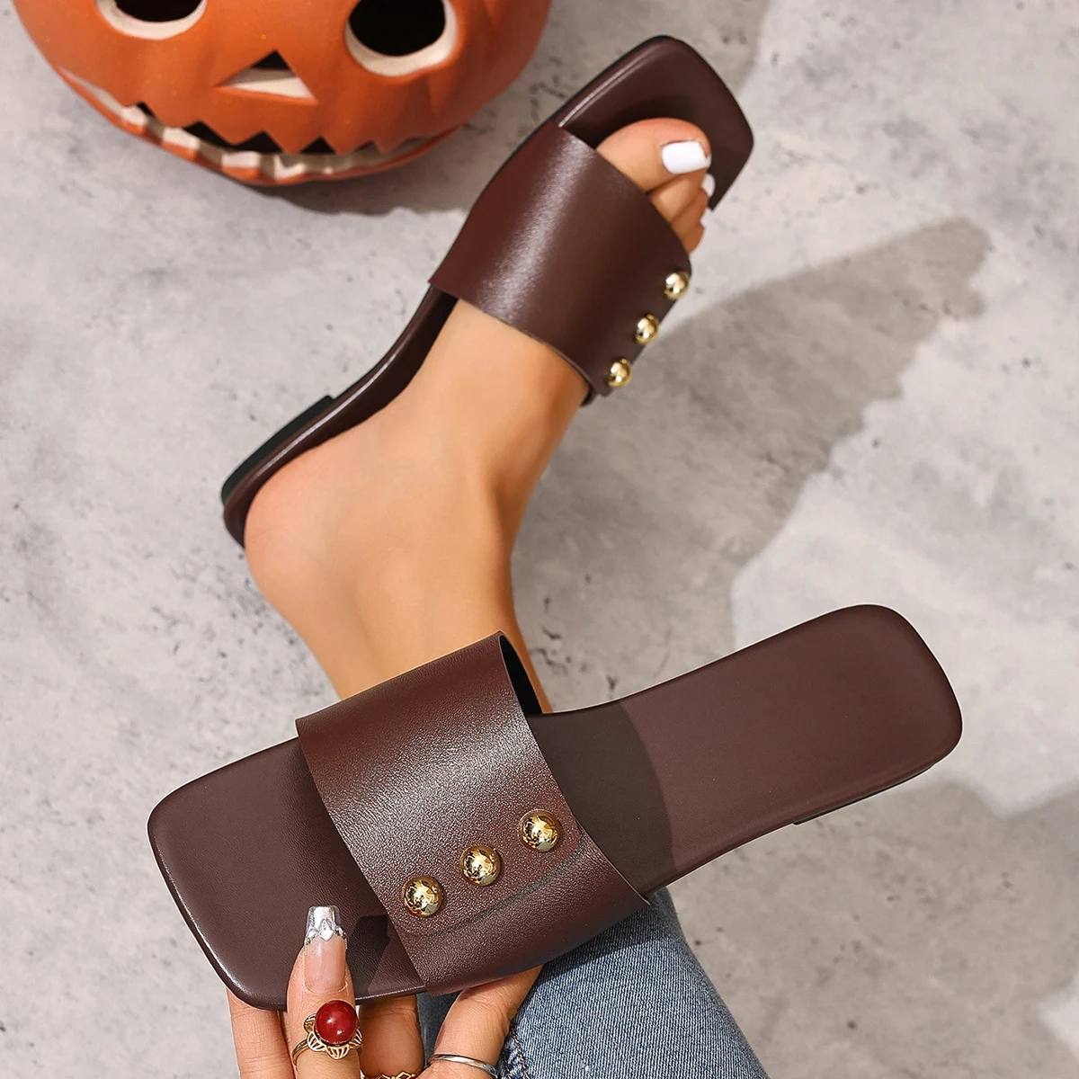 Women's Soft Slip Slippers Summer New Square Toe Hollow Cross With Rivet Non-slip Wear-resistant Flats_vogvips.com