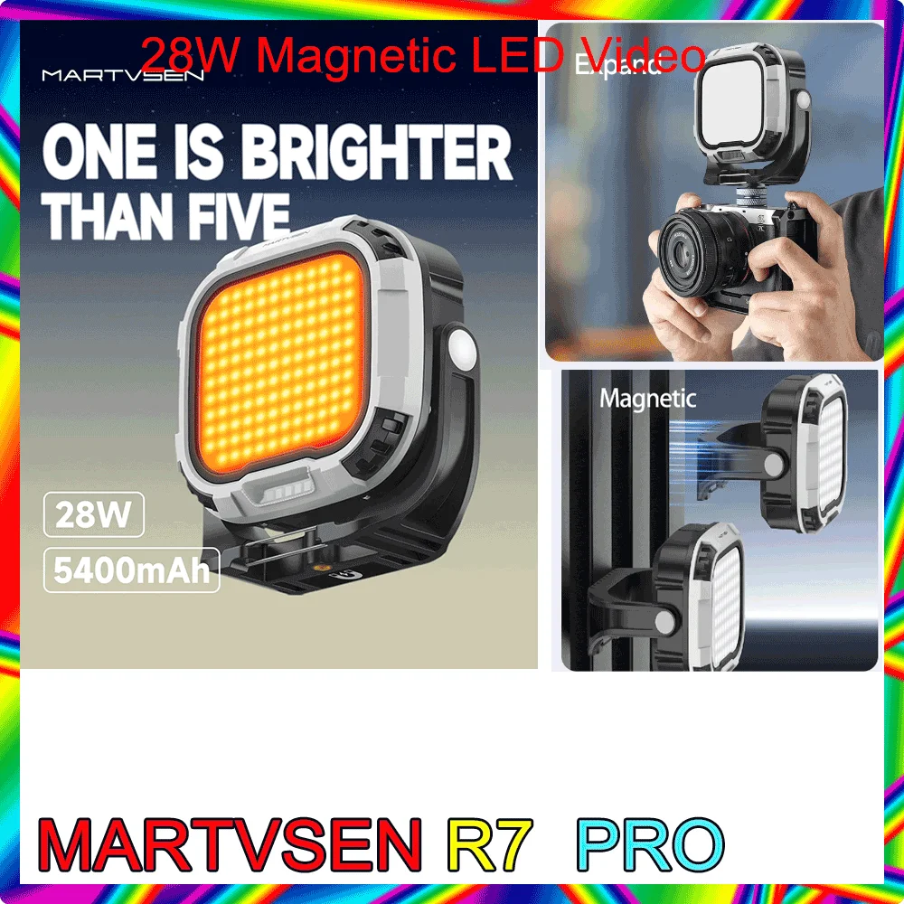 MARTVSEN R7 PRO 필 라이트, 마그네틱 LED 비디오 라이트, 내장 5400mAh 배터리, 휴대용 휴대용 조명, 빨간색 경고등 포함, 28W