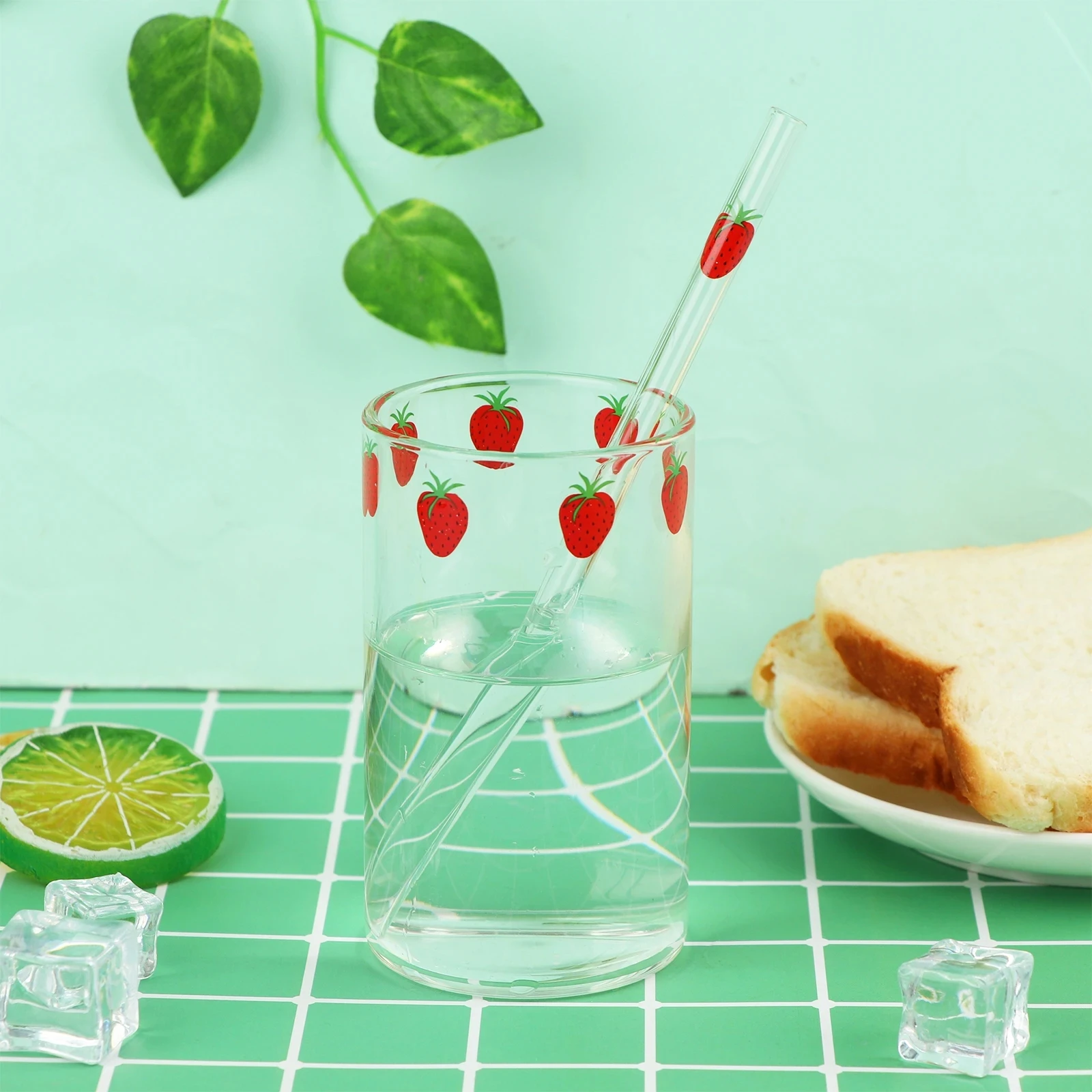 JHNIF 10 Oz Lovely Strawberry Clear Glass Mug with Lid and Straw.