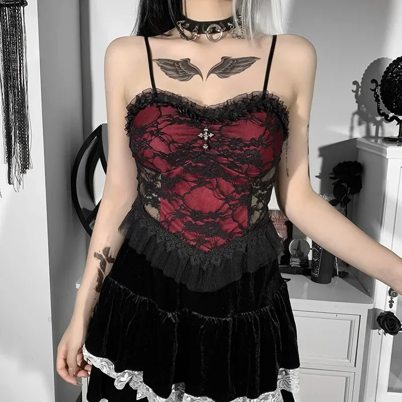 Women Velvet Gothic Crop Top Tank Black Lace Emo Aesthetic Fashion