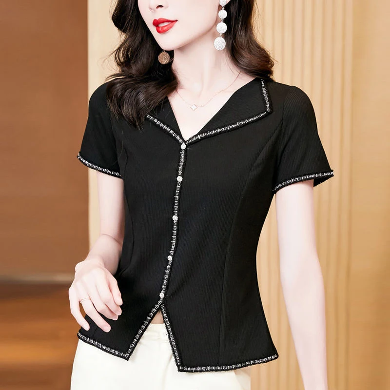 Summer New Elegant Fashion Sophisticated Minimalist Office Lady Blouse Women Slim Luxury Lapel Button Binding Short Sleeve Top flipped desk calendar binding calendar office calendar freestanding calendar desk calendar