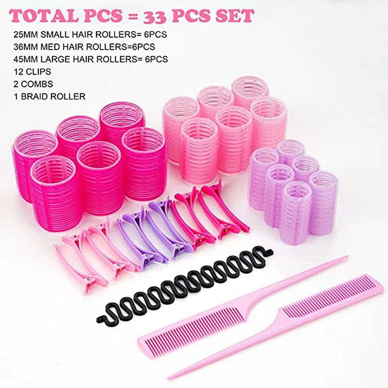 Hair Styling Tool Hair Curling Tools 33pcs S/M/L Hair Rollers Self Grip Holding Self-Adhesive Air Bangs Curling Roller Natural Curlers Heatless Curling