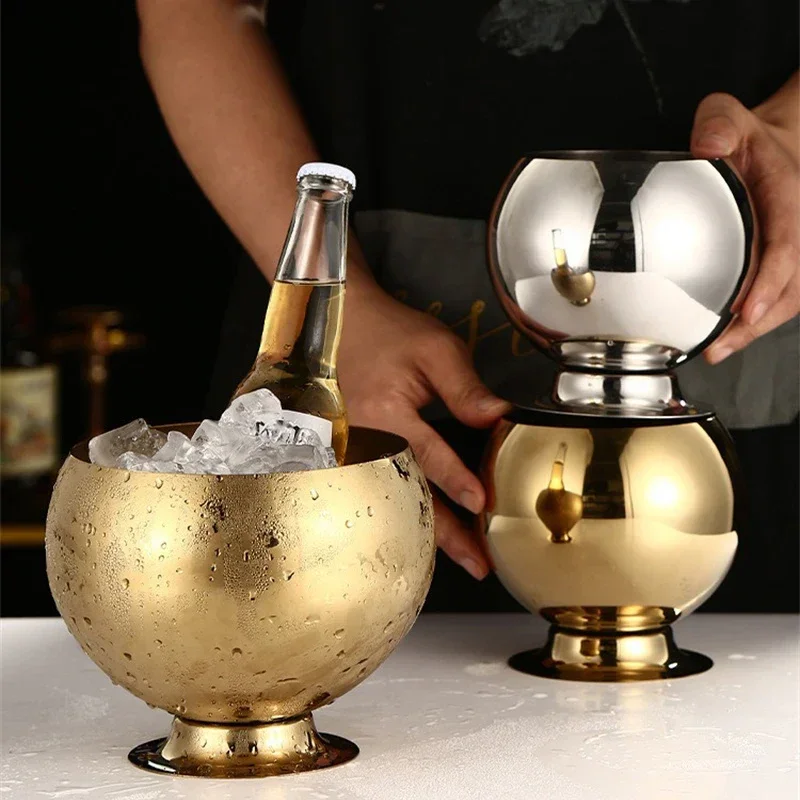 Stainless Steel Ice Bucket with Base Nordic Style Portable Cooler Bucket Bar KTV Restaurant Party Red Wine Champagne Ice