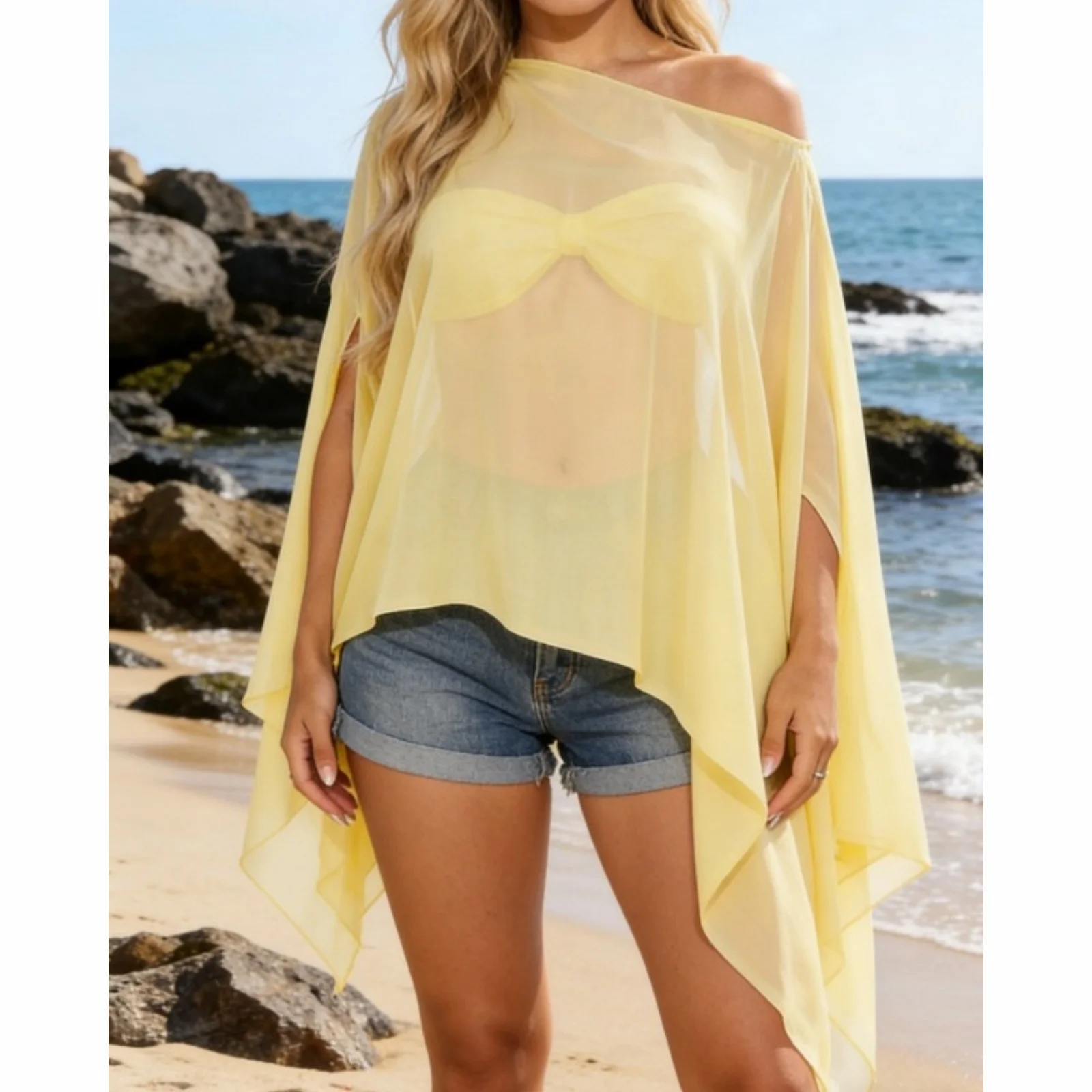 Lamuusaa y2k Women Poncho Tops Solid Color Off One Shoulder Loose Fit Split Sleeve Sheer Cape Shawl Bikini Cover Ups Beachwear 4