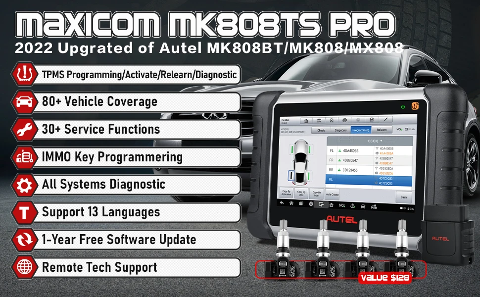 Autel MaxiCOM MK808TS PRO Auto Diagnostic Tool OBD2 Scanner Code Reader With Sensor TPMS Programing Functions PK MK808BT MK808TS car battery trickle charger