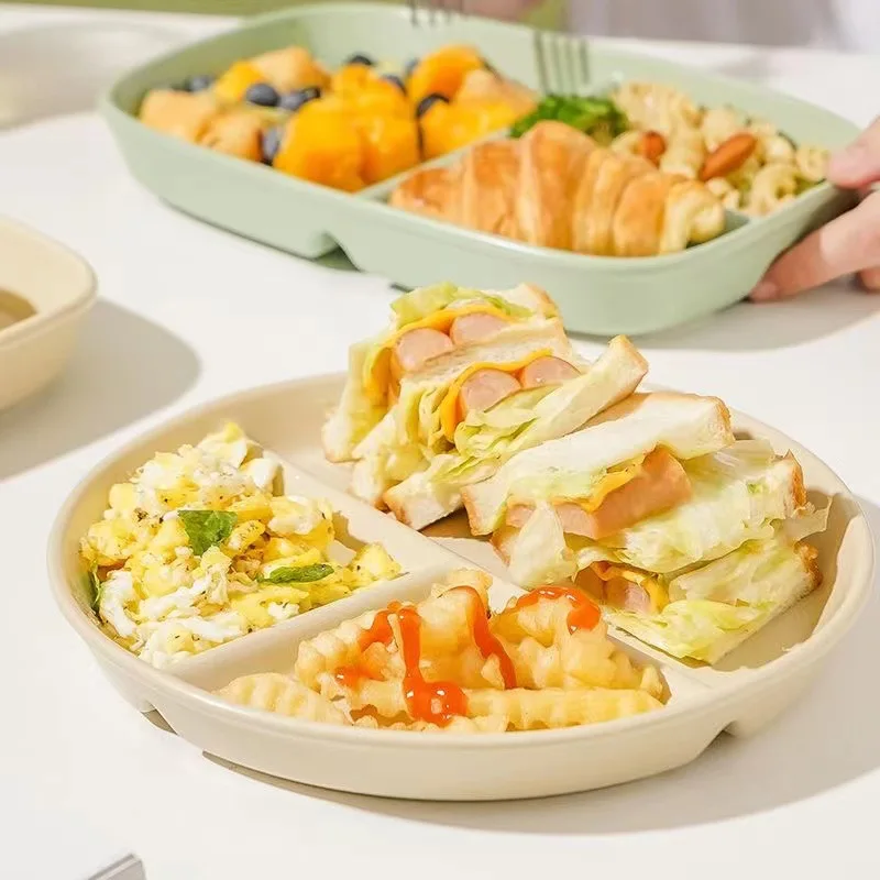 Home Ceramic Dining Plate Split Solid Color Three Grid Circular Divided Plate Breakfast