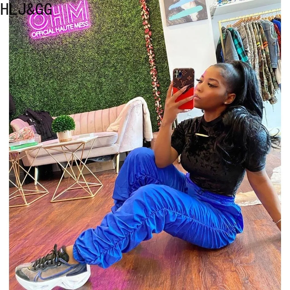 HLJ&GG Casual Female Ruched Design Jogger Pants Women High Waisted Sporty Bottoms Autumn Winter Solid Color Matching Trousers
