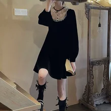 

Summer Black Kawaii Mini Dress Gothic Lace Patchwork Elegant Vintage Dresses Women Long Sleeve 2022 Spring Fashion Female Robe