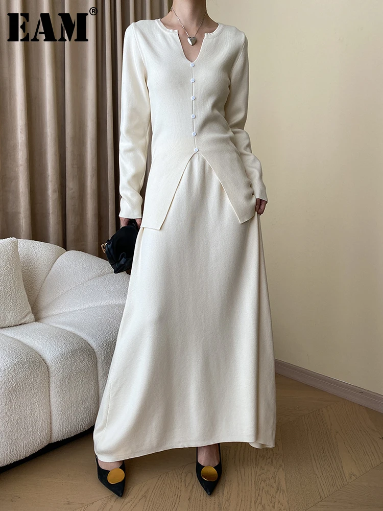

[EAM] Knitting Apricot Half-body Skirt Two Pieces Suit New Irregular V-neck Long Sleeve Women Fashion Spring Autumn 2024 1DH2015
