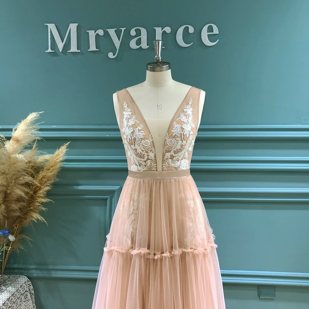 Mryarce Bohemian-Hochzeitskleid mit tiefem Ausschnitt, ärmellos, Boho-Hippie-Stil, schelmischer, geraffter Rock, Brautkleider – Detail 11