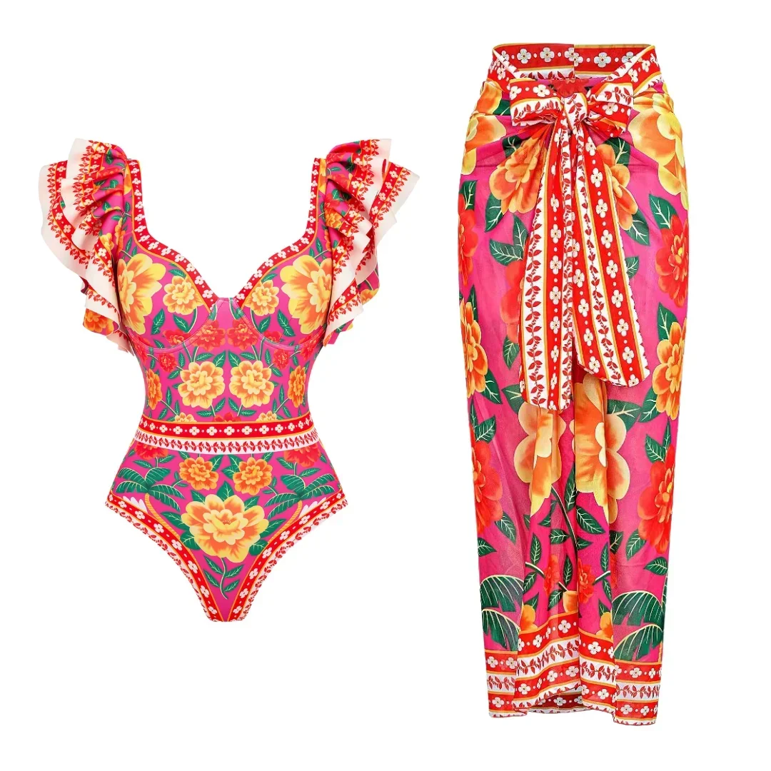 Women's Vintage Off Shoulder Printed Swimsuit and Sarong, One-Piece Bathing Suit, Summer Swimwear, Female Beachwear