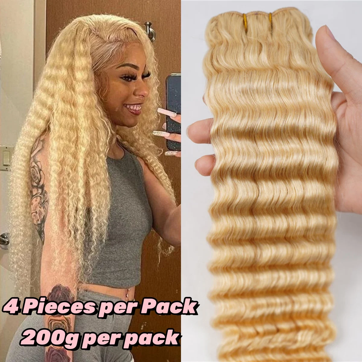 613 Blonde Deep Wave Human Hair Extension 4 Bundles Human Hair Weaving Double Weft 100% Brazilian Remy 50g