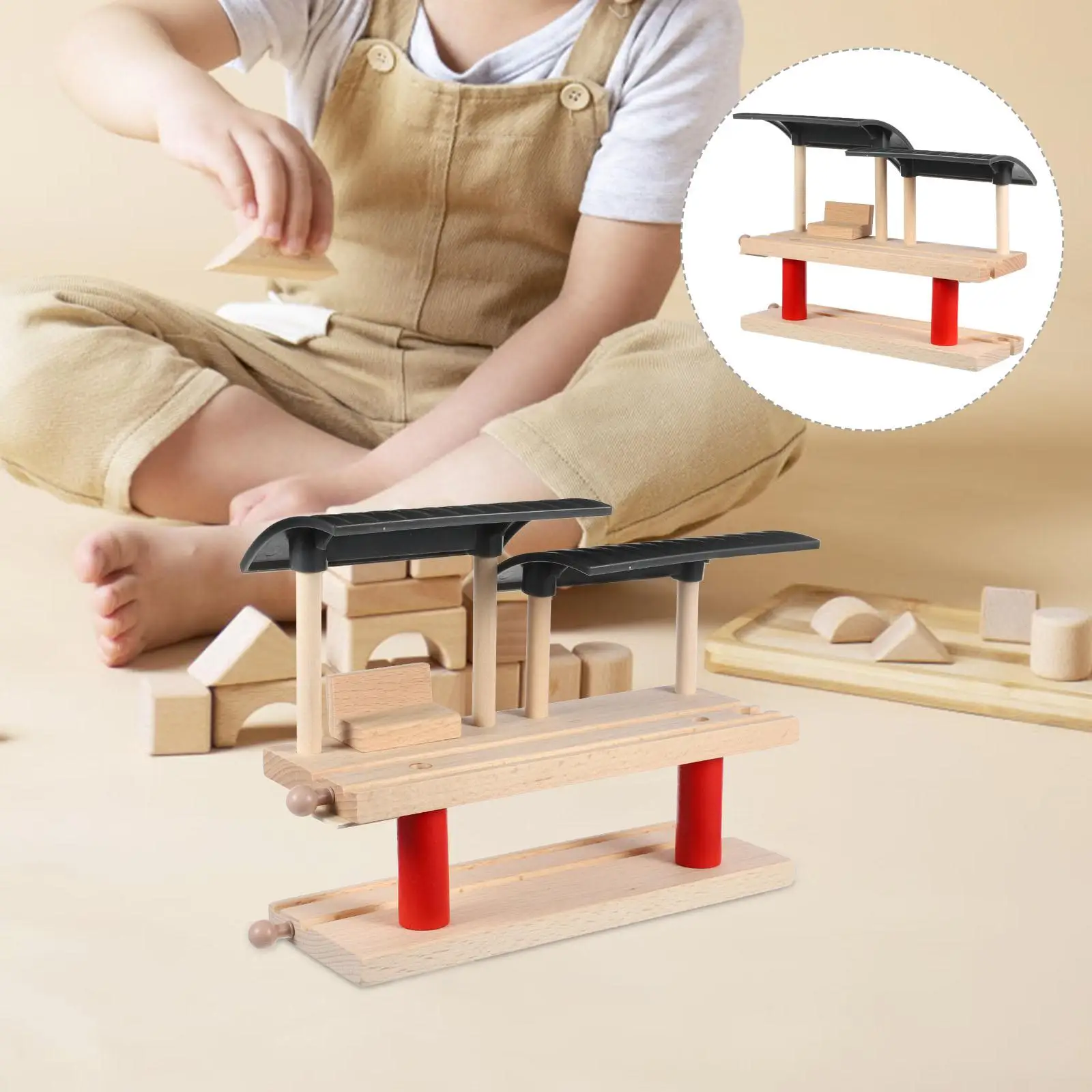 Train Track Accessories Railway Station Platform Toy Children Funny Kids Toys Pretend Model Wood DIY Double Layer Simulation