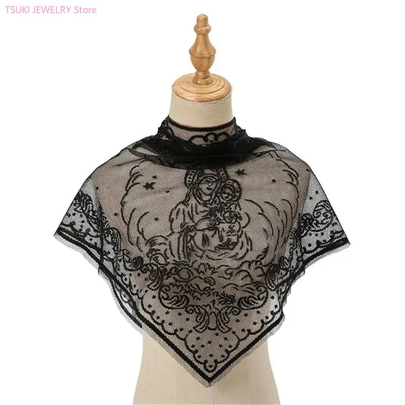 62KE Brautschleier Spitzenbesatz Schal für Mantilla Hochzeit Party Kopfbedeckung Spitzenschal Schleier – Detail 9