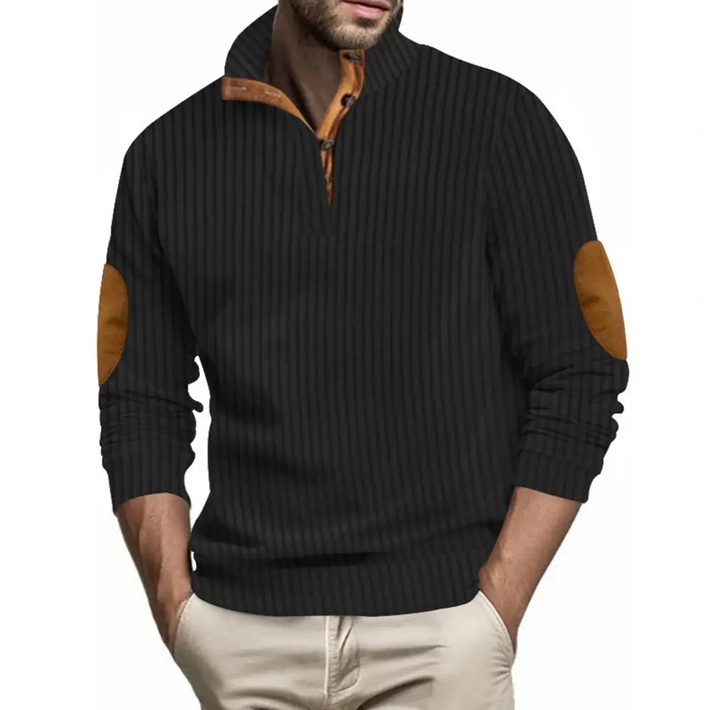 

Casual Sweatshirt Men's Retro Stand Collar Sweatshirt with Stripe Applique Patchwork Button Detail Soft Breathable for Fall