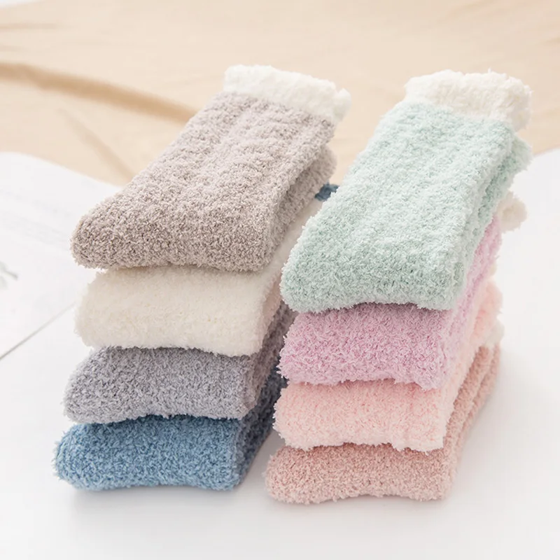 4 Pairs Women Winter Fuzzy Socks Thick Thermal Solid Soft Fluffy Slipper Home Floor Sleeping