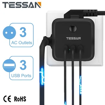 TESSAN Europe Korea Plug Wall Socket Extender with USB Ports, 6 In 1 Tee Socket Adapter Cube Multi-tap Power Strip Home Travel