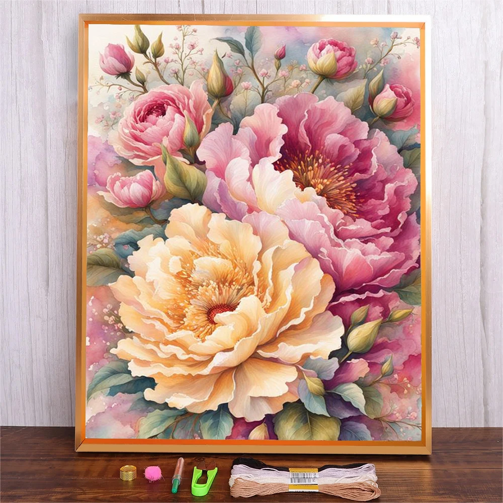 Cross Stitch Kit Peony Embroidery Kit Peony Flowers Pattern DIY Cross Stitch Embroidery Kit Handmade Sewing Supplies Print Embroidery Materials Package Needlework Set