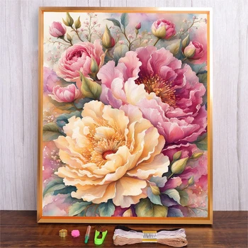 Kit de broderie au point de croix, motif de fleurs de pivoine, fournitures de couture faites à la main, paquet de matériaux de broderie imprimés, ensemble de couture 1