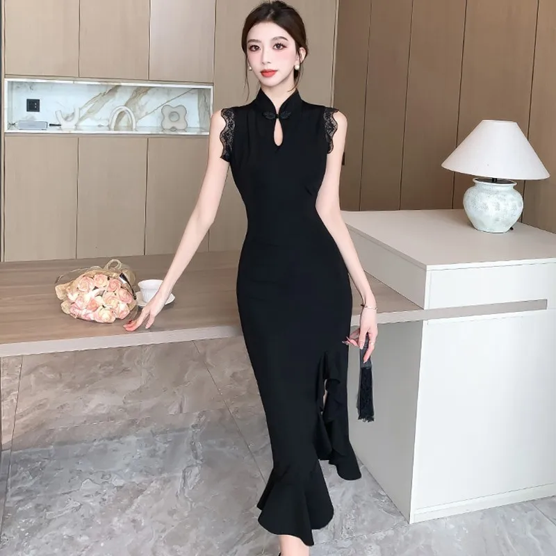 

Ladies Elegant Slim Long Mermaid Dress New Arrival 2024 Summer Chinese Style Vintage Mandarin Collar Women Party Dresses W1617