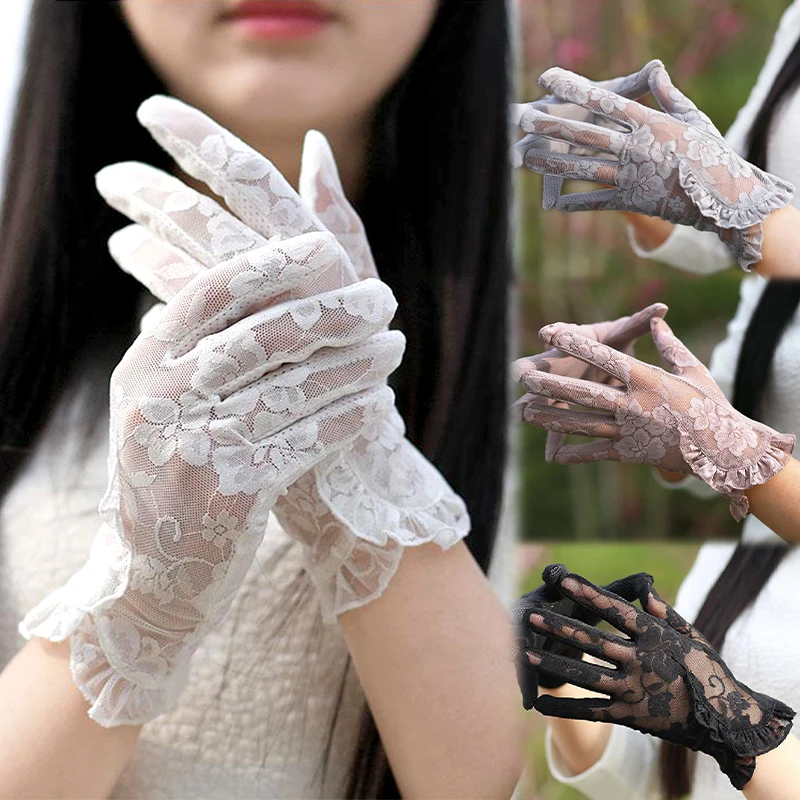

Lace Ruffle Gloves Mesh Breathable Sunscreen Anti-Slip Mittens for Cycling Driving Women Soft Tulle Party Wedding Accessories