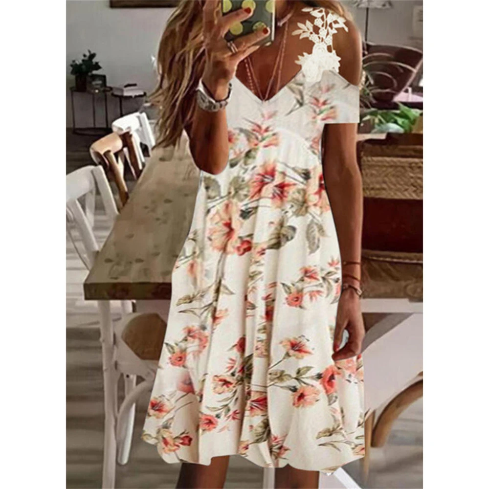 2022 Summer New Women Print Dress Off Shoulder Lace Short Sleeve Midi Skirt Cotton Blend A-Line Skirt Casual And Elegant Cloth dress shops