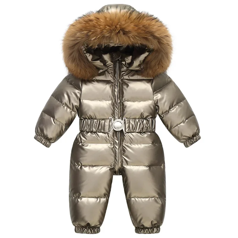 

Russia Winter Kids Snowsuit Shiny Gold Silver Outdoor Duck Down Rompers Big Fur Collar Outerwear Toddler Baby Overall Jumpsuit