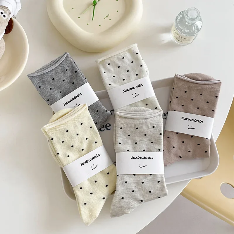 5 Pairs Women's Spring Socks – Cream Vintage Polka Dot Mid-Tube Rolled Edge Socks, Thin Artistic Summer Socks