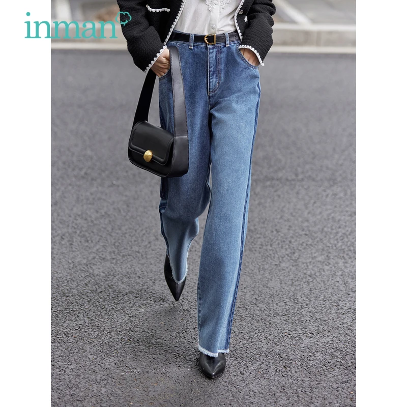 INMAN Women Jeans 2023 Autumn Mid High Waist Straight Loose Pants Embroidery Fashion Casual All-match Denim Blue Trousers