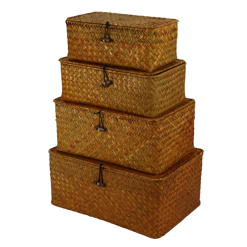 

Seagrass Storage Baskets With Lids, Woven Rectangular Basket Bins, Wicker Storage Organizer For Shelf, Set Of 4